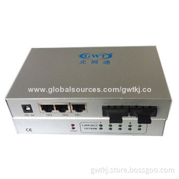 100M fiber media converter with 3 RJ45 ports + 2 SC optical ports, multimode 2km